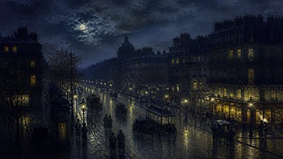 bustling city street panorama at dusk