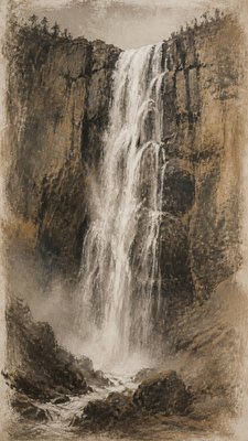 towering waterfall cascading down a cliff