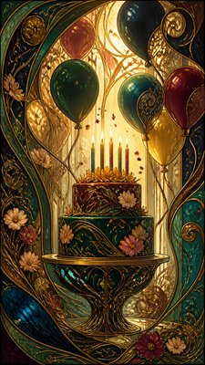 a birthday cake with lit candles surrounded by balloons and confetti, festive vertical composition, no text