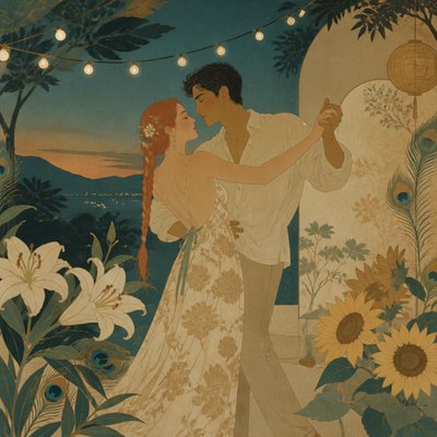 an original couple dancing under string lights in a garden at dusk: a man with short black hair in a linen shirt and a woman with braided red hair in a summer dress
