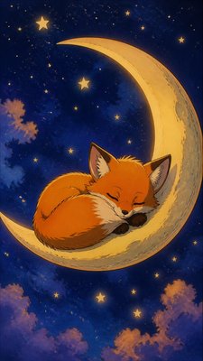 a sleeping baby fox curled on a crescent moon among soft stars, gentle and warm, no text