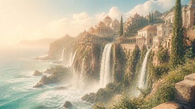 a cliffside city with waterfalls cascading into a misty canyon, wide establishing shot, no people, no text