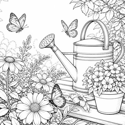 a garden scene with butterflies, flowers and a watering can, clean uncolored line art, no text