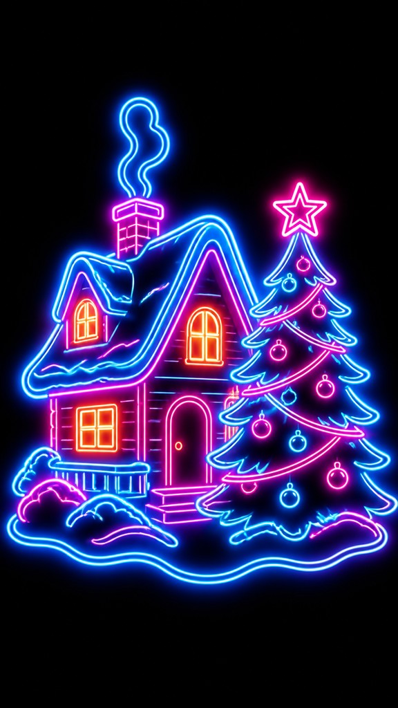 a snow-covered cottage with warm glowing windows beside a decorated pine tree, gentle snowfall, no text
