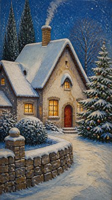 a snow-covered cottage with warm glowing windows beside a decorated pine tree, gentle snowfall, no text