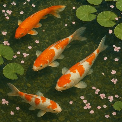 A koi pond seen from above, orange and white koi fish swimming among lily pads, clear water with subtle ripples, fallen cherry blossom petals floating on the surface, dappled sunlight