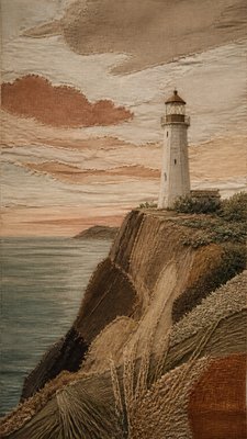 a lone lighthouse on a cliff at dusk under a dramatic sky, no text or lettering