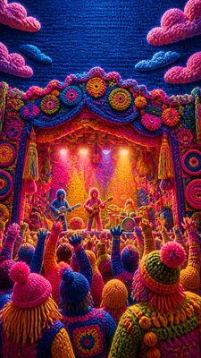 a live music scene with a glowing stage and silhouetted crowd, energetic vertical composition with open space at the top, no text
