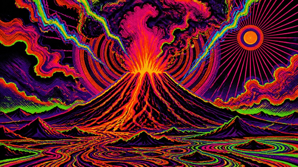 an erupting volcano with lightning strikes, dramatic wide composition, no text