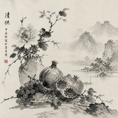 still life arrangement of fruits and flowers