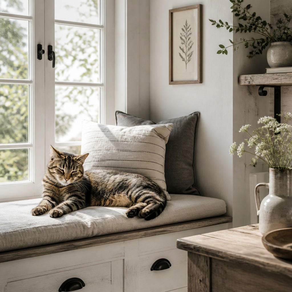 a cat lounging in a sunlit window
