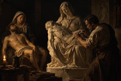 Michelangelo carving the pieta with two models posing for him