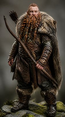 full-body original character: a dwarven ranger with a braided auburn beard, worn leather armor, a longbow and a wolf-pelt cloak, neutral background, no text