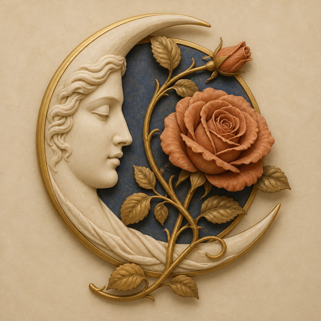 a rose entwined with a crescent moon, clean balanced composition on a plain background, no text