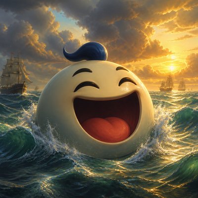 an exaggerated laughing face of an original round mascot character, bold and readable at small size, plain background, no text