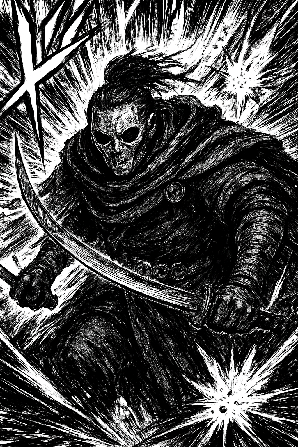 a black and white drawing of a man holding a sword