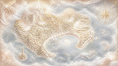 a map of an island realm with mountains, forests, a sheltered bay, sea monsters in the water and a compass rose, no text labels