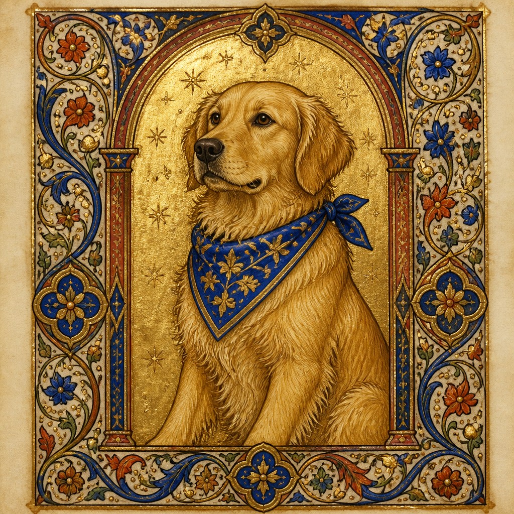 portrait of a golden retriever wearing a blue bandana, warm plain backdrop, no text