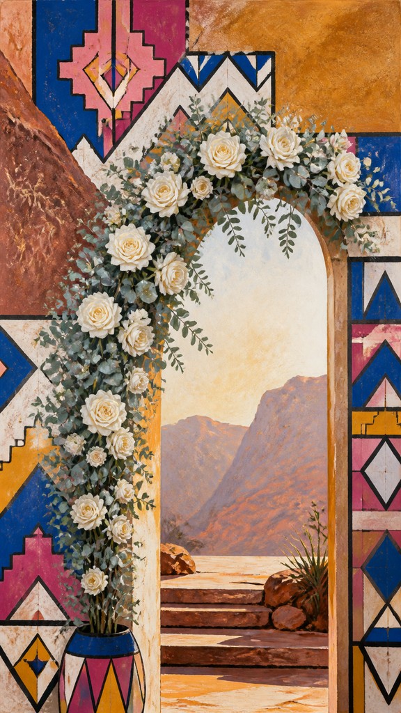 an arch of white roses and eucalyptus in soft morning light, elegant vertical composition with open space, no text
