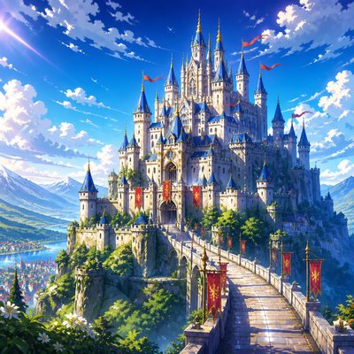a grand castle with towers on a hilltop