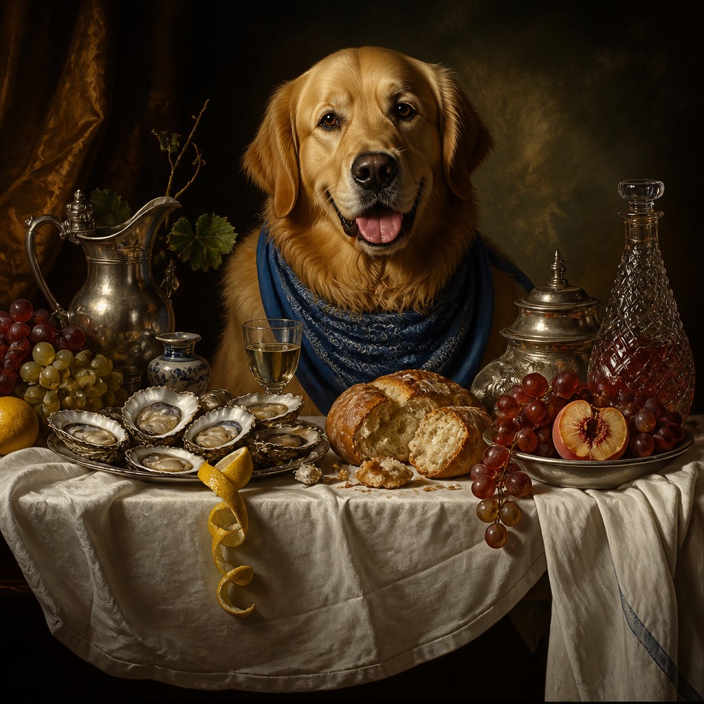 portrait of a golden retriever wearing a blue bandana, warm plain backdrop, no text