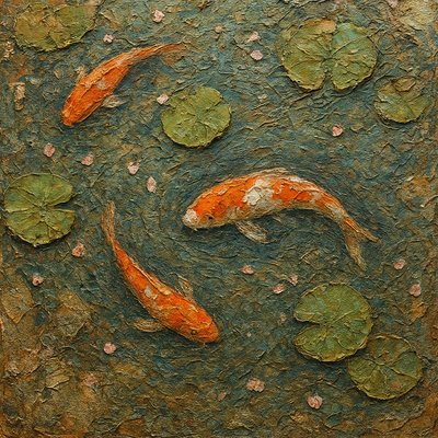 A koi pond seen from above, orange and white koi fish swimming among lily pads, clear water with subtle ripples, fallen cherry blossom petals floating on the surface, dappled sunlight