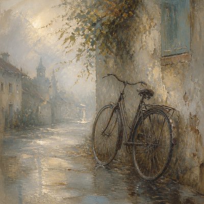 bicyle resting against a wall — Atmospheric Impressionism Art Style