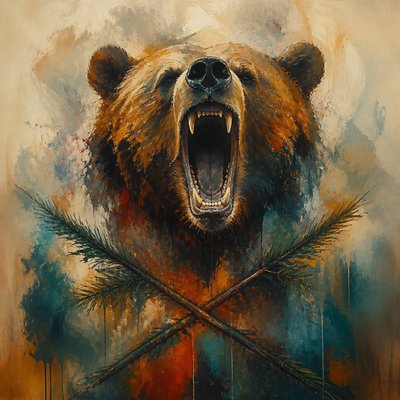 a roaring bear head above crossed pine branches, bold graphic composition on a plain background, no text