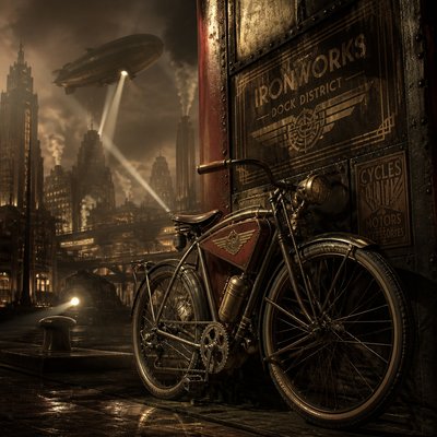 bicyle resting against a wall — Dieselpunk Aesthetic