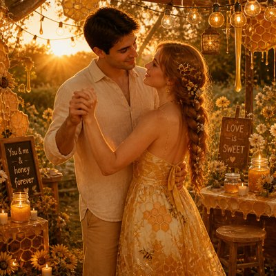 an original couple dancing under string lights in a garden at dusk: a man with short black hair in a linen shirt and a woman with braided red hair in a summer dress