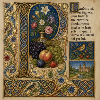 still life arrangement of fruits and flowers