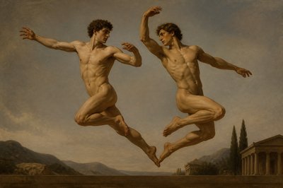 two ancient greek ignudi athletes jump midair
