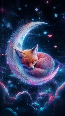 a sleeping baby fox curled on a crescent moon among soft stars, gentle and warm, no text