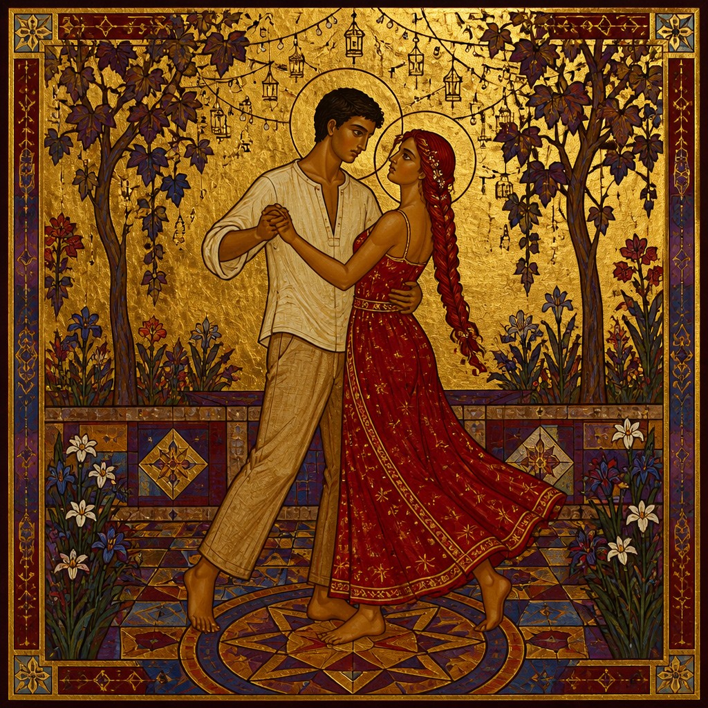 an original couple dancing under string lights in a garden at dusk: a man with short black hair in a linen shirt and a woman with braided red hair in a summer dress