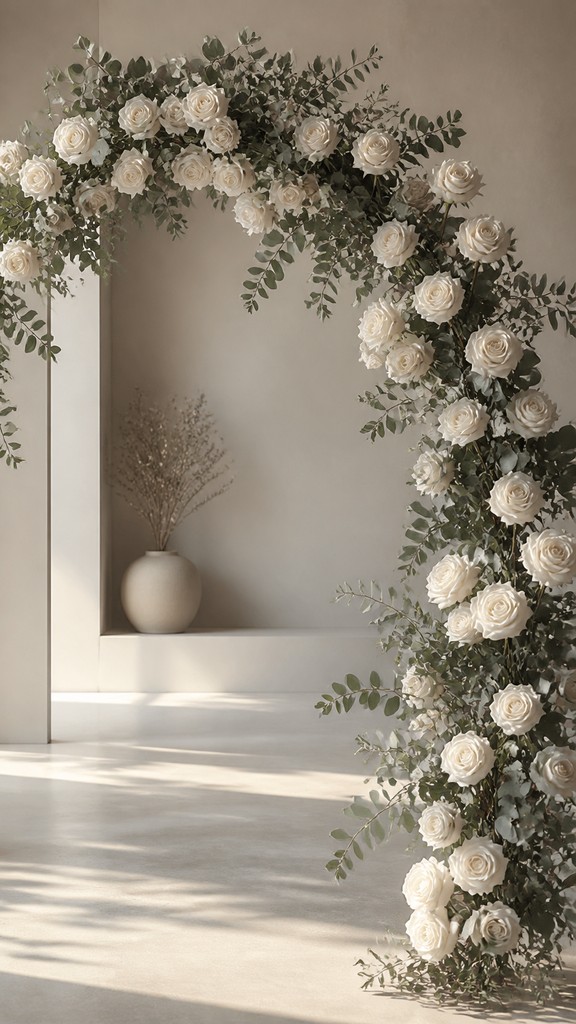 an arch of white roses and eucalyptus in soft morning light, elegant vertical composition with open space, no text
