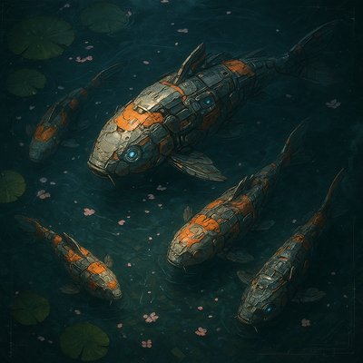 A koi pond seen from above, orange and white koi fish swimming among lily pads, clear water with subtle ripples, fallen cherry blossom petals floating on the surface, dappled sunlight