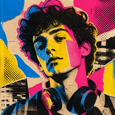 head-and-shoulders portrait of an original character: a young man with curly dark hair and headphones around his neck, plain backdrop, no text