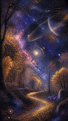 a winding forest path in golden autumn light, no people