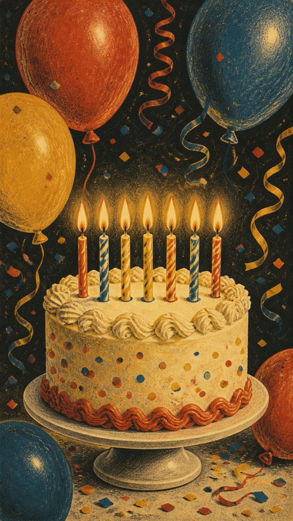 a birthday cake with lit candles surrounded by balloons and confetti, festive vertical composition, no text