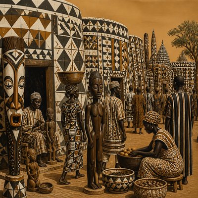 urban street with city activity — Burkina Faso Art Style
