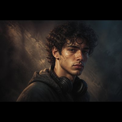 head-and-shoulders portrait of an original character: a young man with curly dark hair and headphones around his neck, plain backdrop, no text