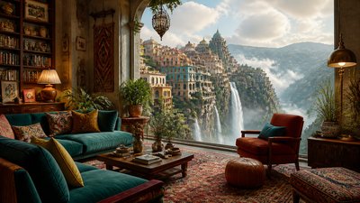a cliffside city with waterfalls cascading into a misty canyon, wide establishing shot, no people, no text
