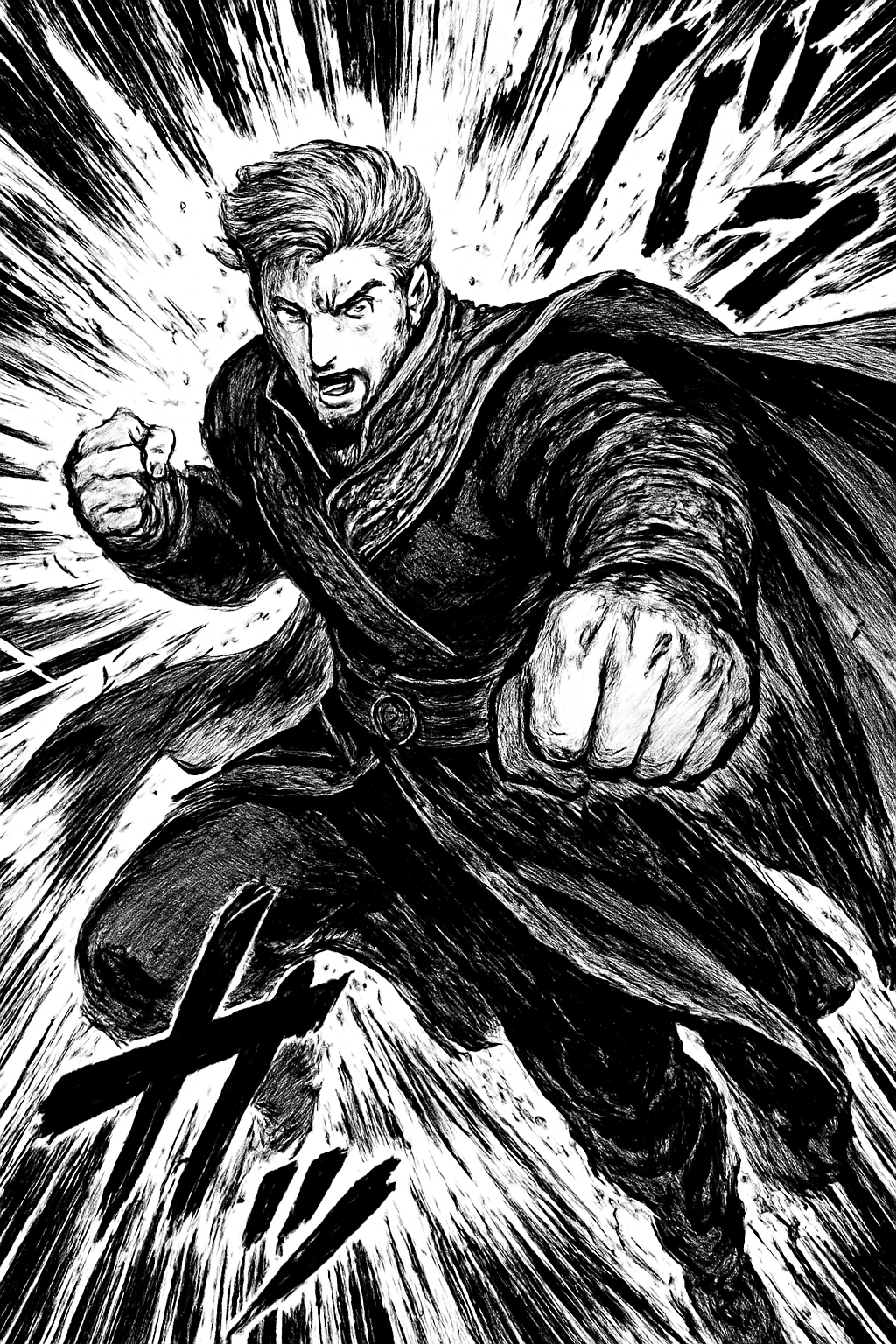 a black and white drawing of a man flying through the air