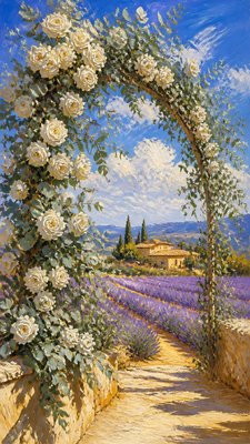 an arch of white roses and eucalyptus in soft morning light, elegant vertical composition with open space, no text