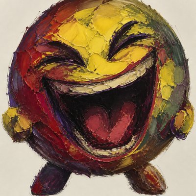 an exaggerated laughing face of an original round mascot character, bold and readable at small size, plain background, no text