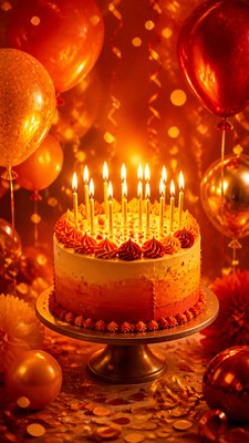 a birthday cake with lit candles surrounded by balloons and confetti, festive vertical composition, no text