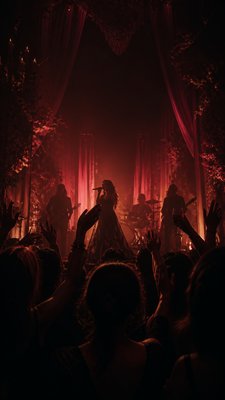 a live music scene with a glowing stage and silhouetted crowd, energetic vertical composition with open space at the top, no text