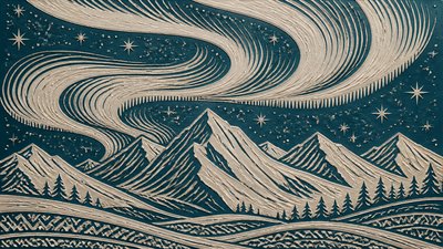 a flowing aurora over snowy peaks, wide sweeping composition, no people, no text