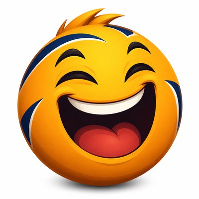 an exaggerated laughing face of an original round mascot character, bold and readable at small size, plain background, no text