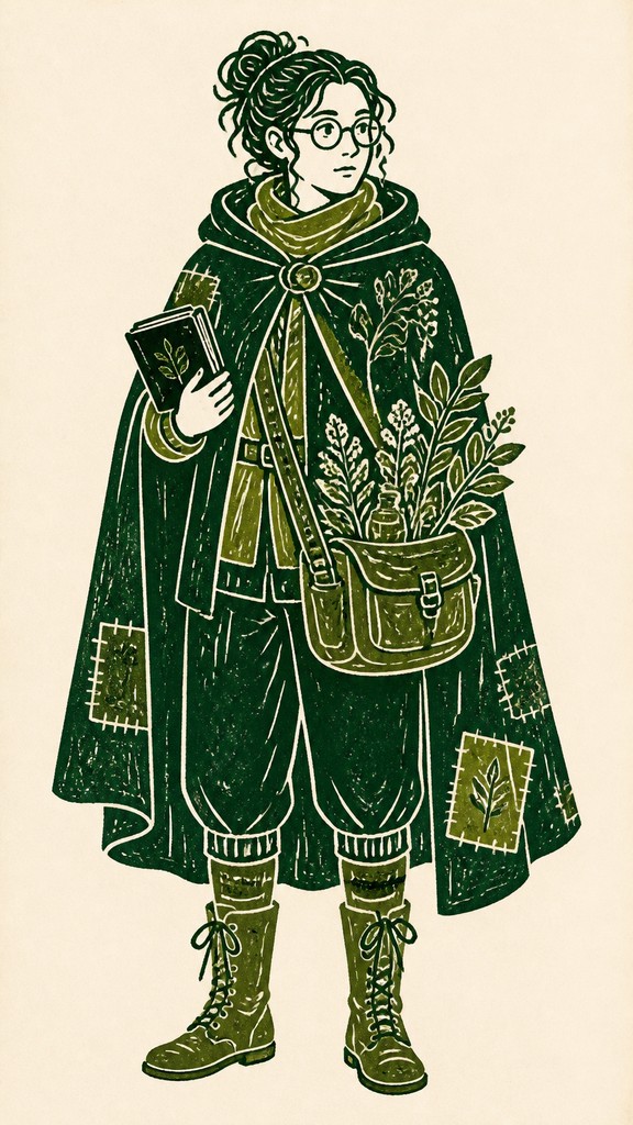 full-body original character: a wandering botanist with a satchel of plants, a patched green cloak, tall boots and round glasses, neutral background
